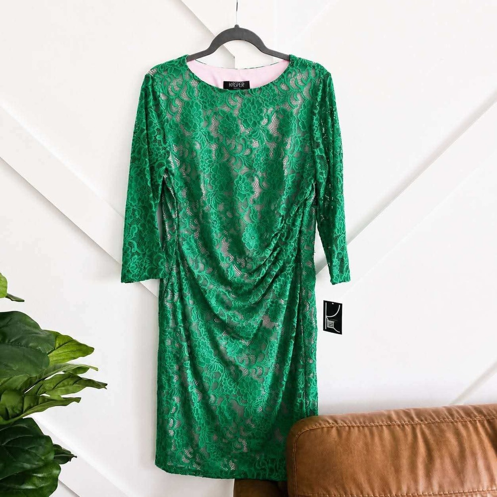 Kasper‎ Sheath Dress Women Large Green NWT Floral Lace Ruched Pink Lining